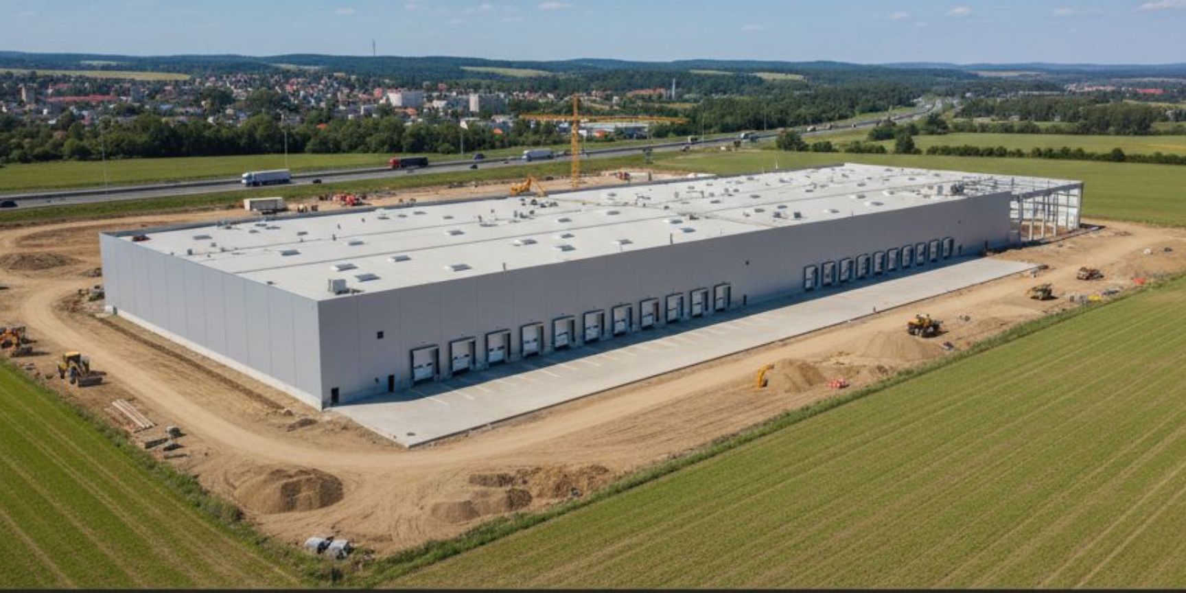 Eine Luftaufnahme einer fast fertiggestellten Greenfield-Logistikhalle mit Photovoltaik-Anlage auf dem Dach, umgeben von Feldern, einer Zufahrtsstraße und einer belebten Autobahn in der Ferne, die Nachhaltigkeit und Konnektivität verdeutlicht.
